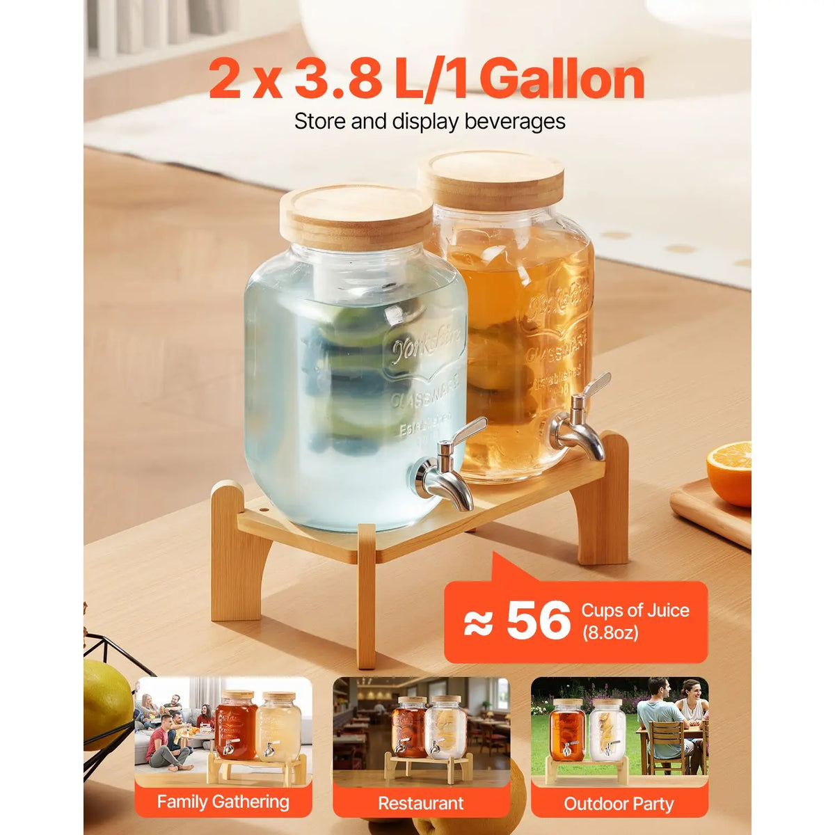 Beverage Dispenser 2-Pack: glass 1-gallon jars on a wooden stand with stainless steel spigots and infuser