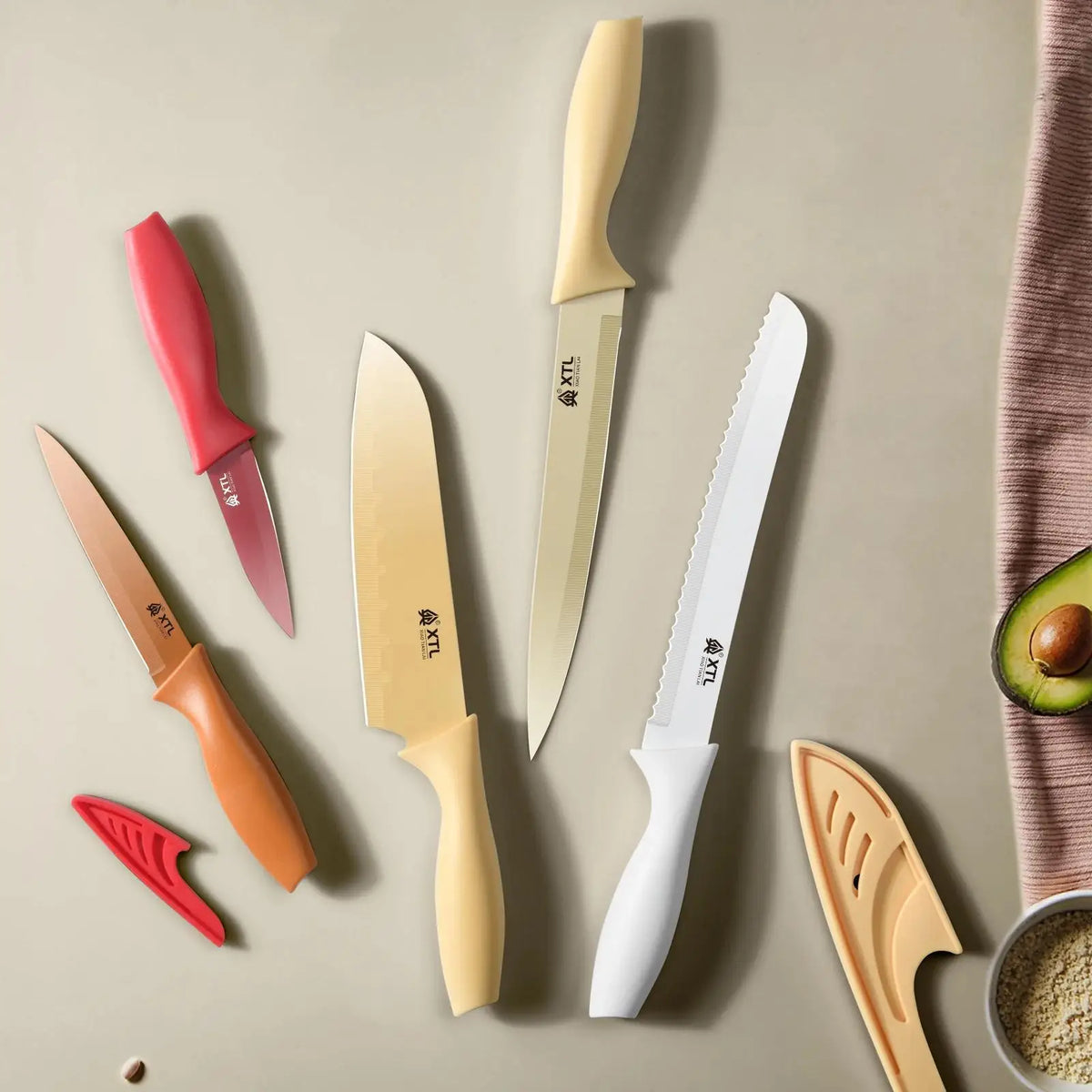 10-piece ceramic-coated knife set with protective sheaths and non-stick blades by S And B Enterprise.