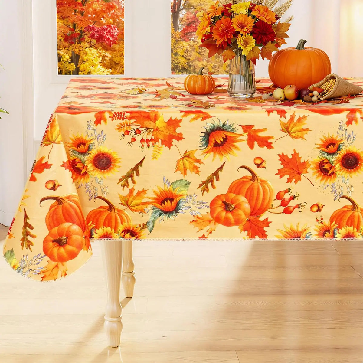 Waterproof Elastic Fitted Tablecloth With Floral Pumpkin Christmas Decor