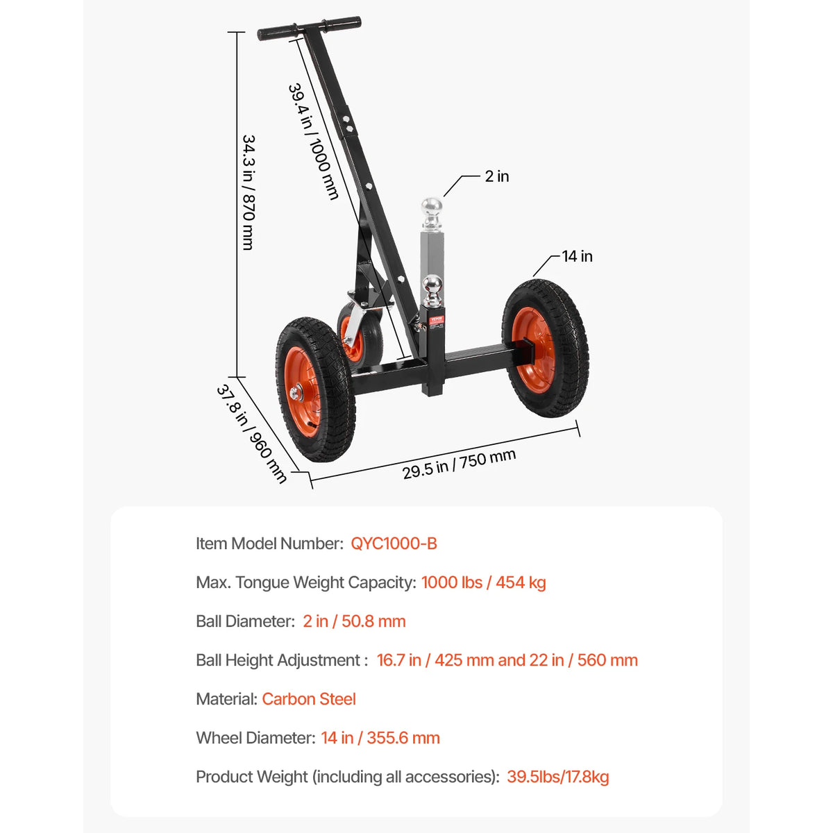 Tongue trailer dolly by S And B Enterprise, carbon steel boat mover with 14in wheels and adjustable height.