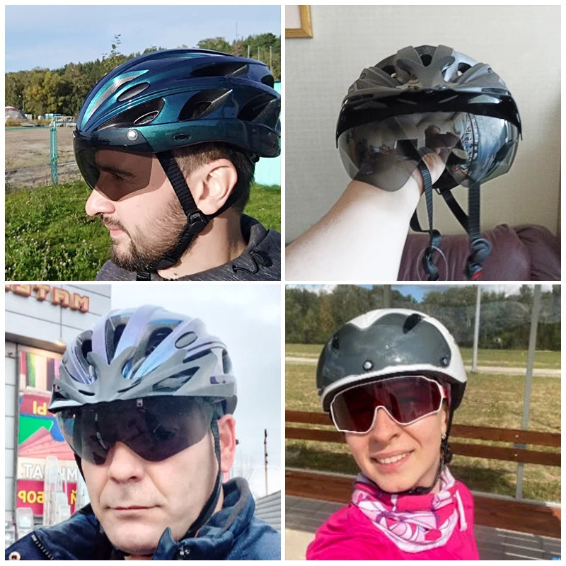 ROCKBROS bike helmets; four breathable lightweight EPS-integrally-molded cycling helmets in blue, gray and white.
