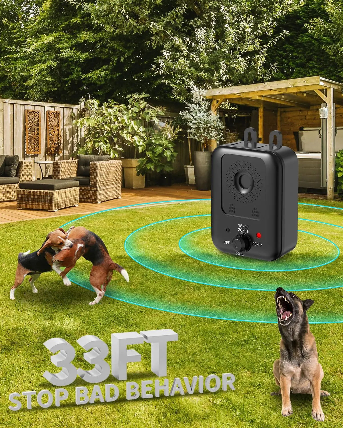 Automatic anti-barking device by S And B Enterprise, black rechargeable ultrasonic deterrent for indoor/outdoor use.