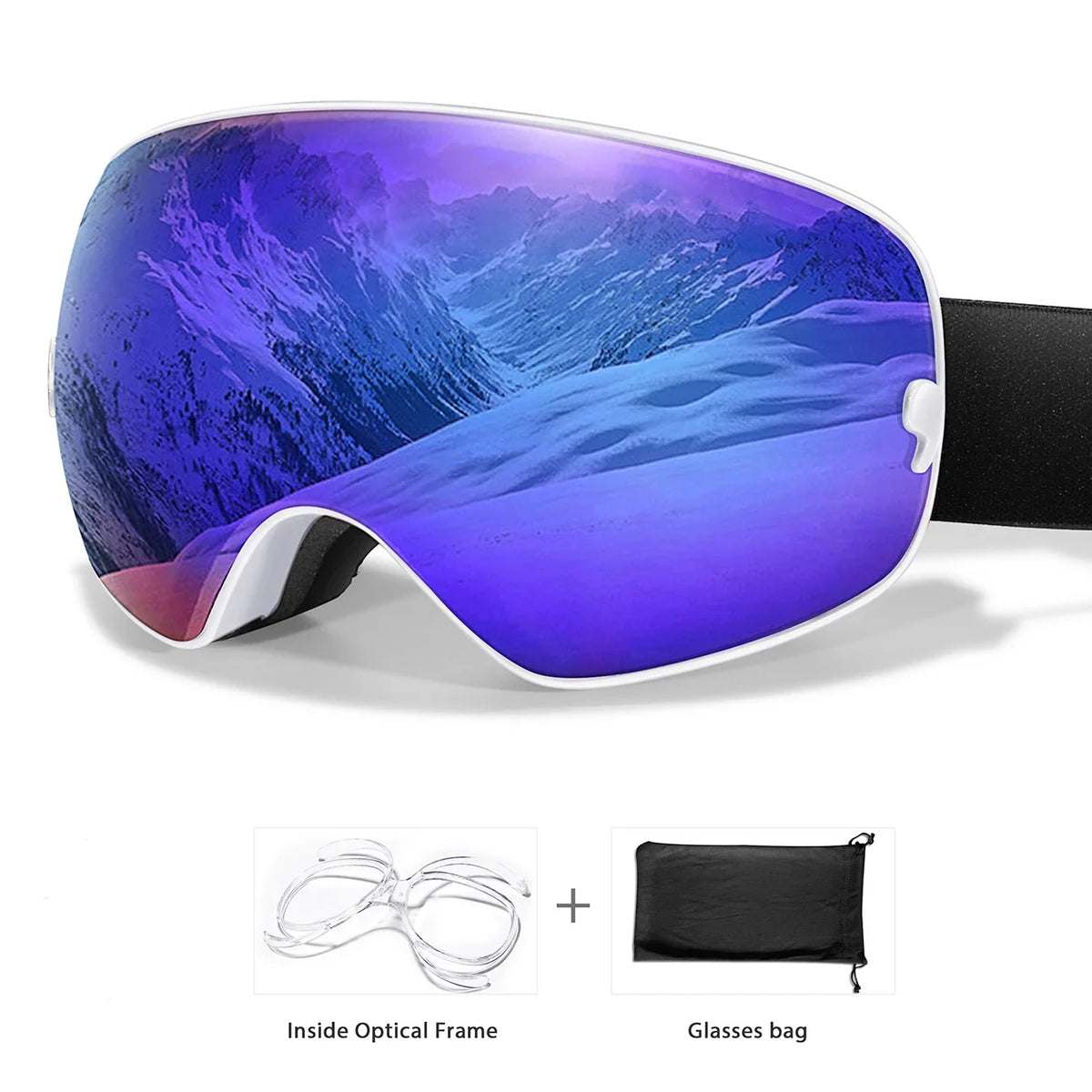 Winter ski goggles by S And B Enterprise with mirrored UV400 anti-fog lens; includes optical frame and glasses bag.