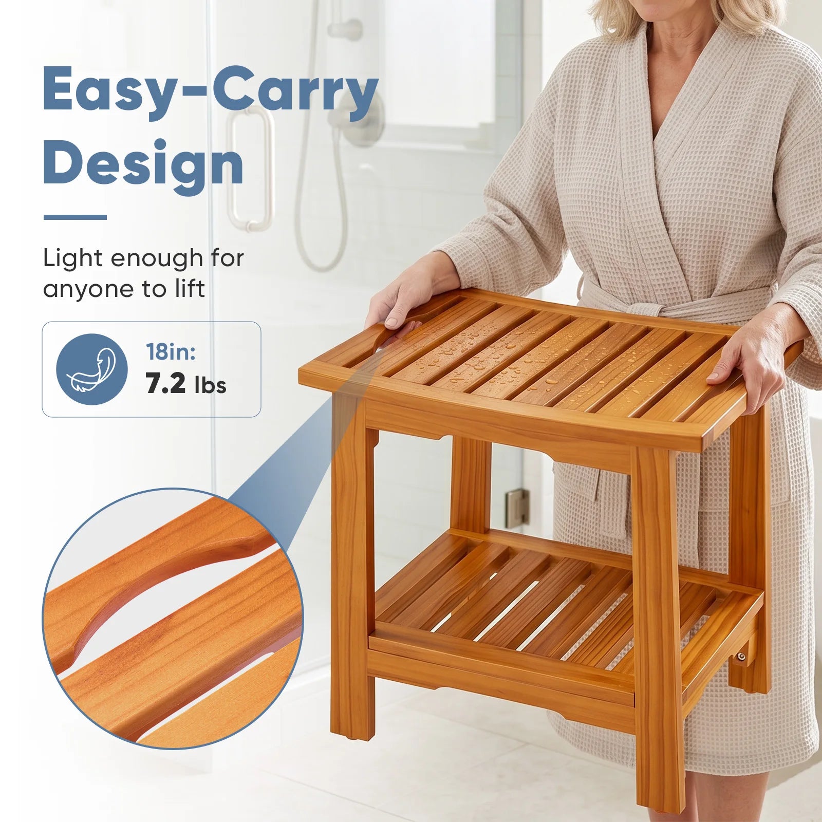 Wooden shower stool with storage shelf, 18in/14in size