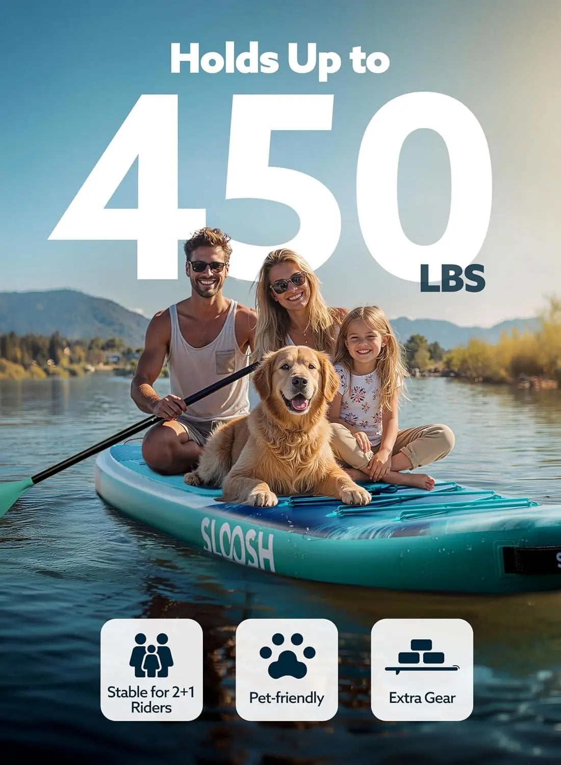 Inflatable stand-up paddle board by SLOOSH with a family and dog on calm water; pet-friendly.