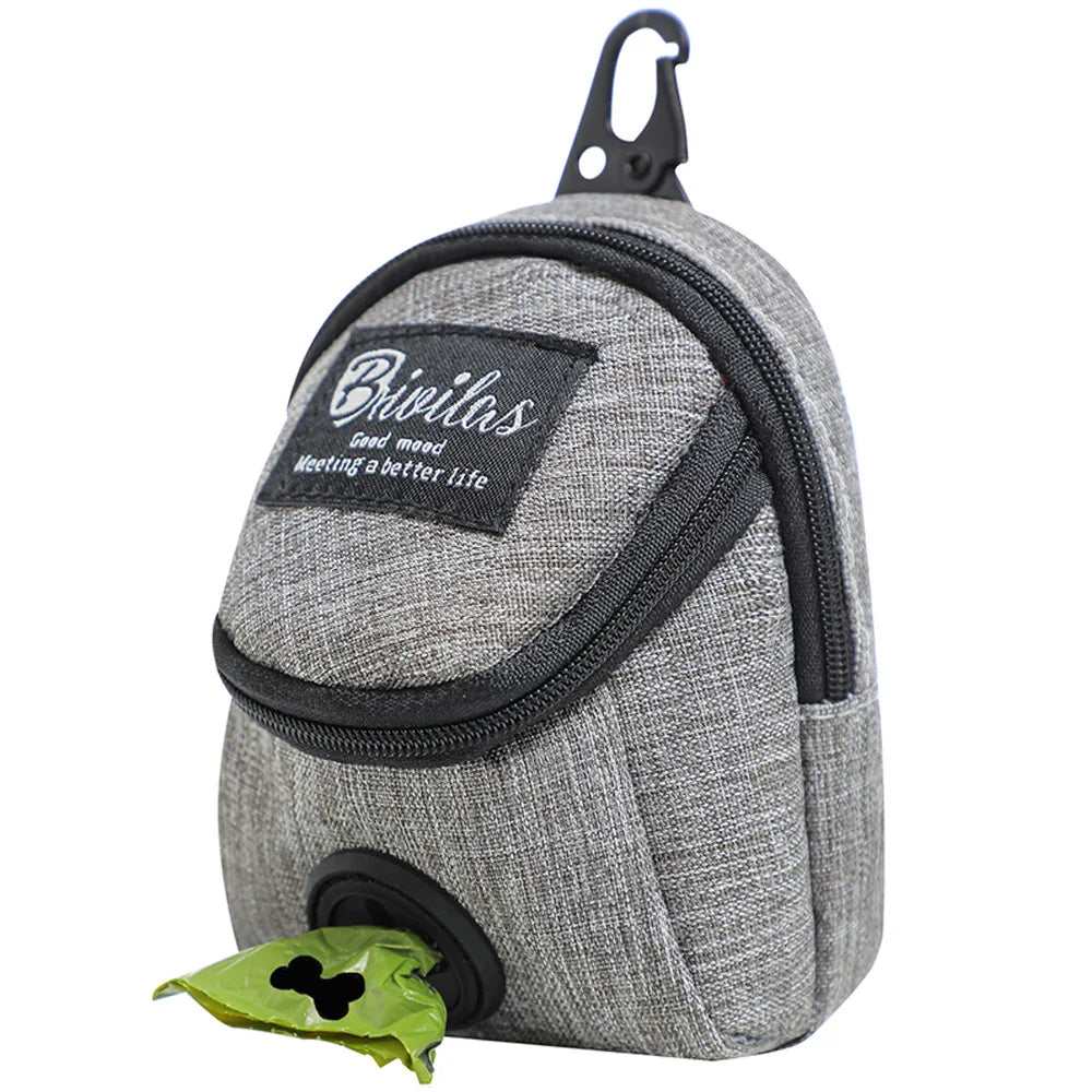 Portable dog training treat bag by S And B Enterprise, gray fabric waist pouch with poop bag dispenser