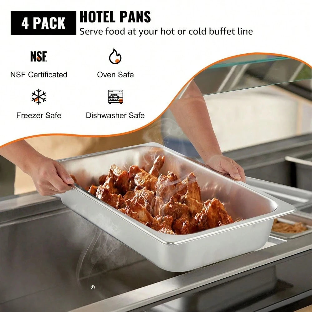 Full Size Steam Table Pans With Lids, 4-Pack For Hotels