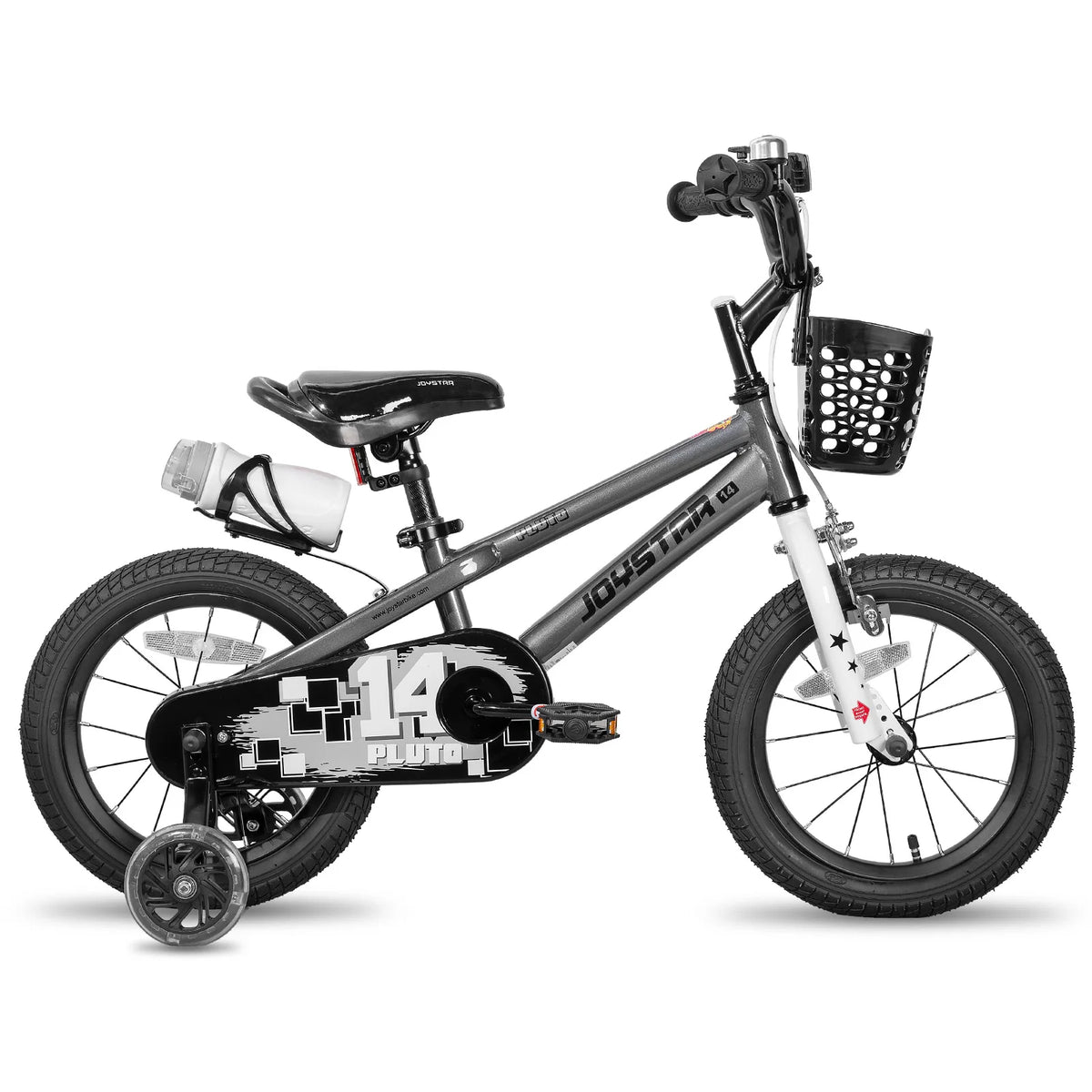 JOYSTAR children's bicycle for ages 3–12 with training wheels, gray frame, front basket and water bottle.