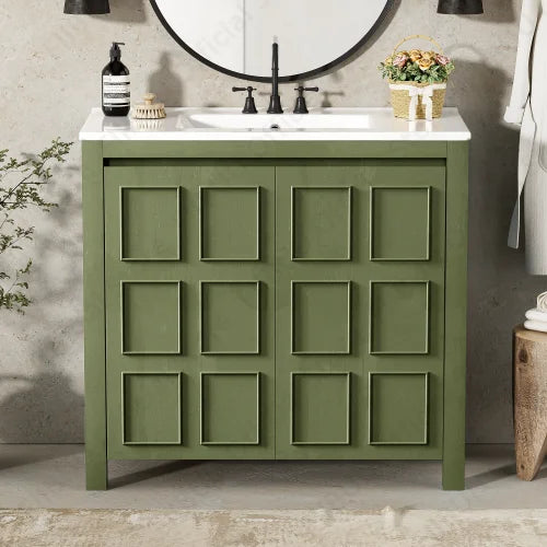 Bathroom vanity cabinet, 36-inch solid wood with ceramic sink, green finish and soft-close doors