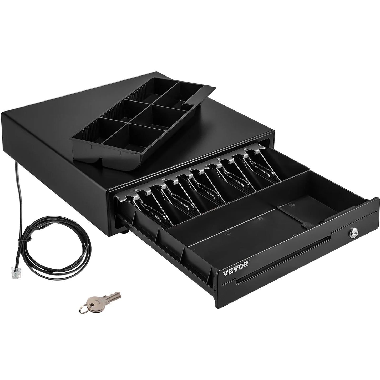 VEVOR black cash register drawer with removable coin tray, 16 in POS drawer, includes 2 keys and RJ11/RJ12 cable.