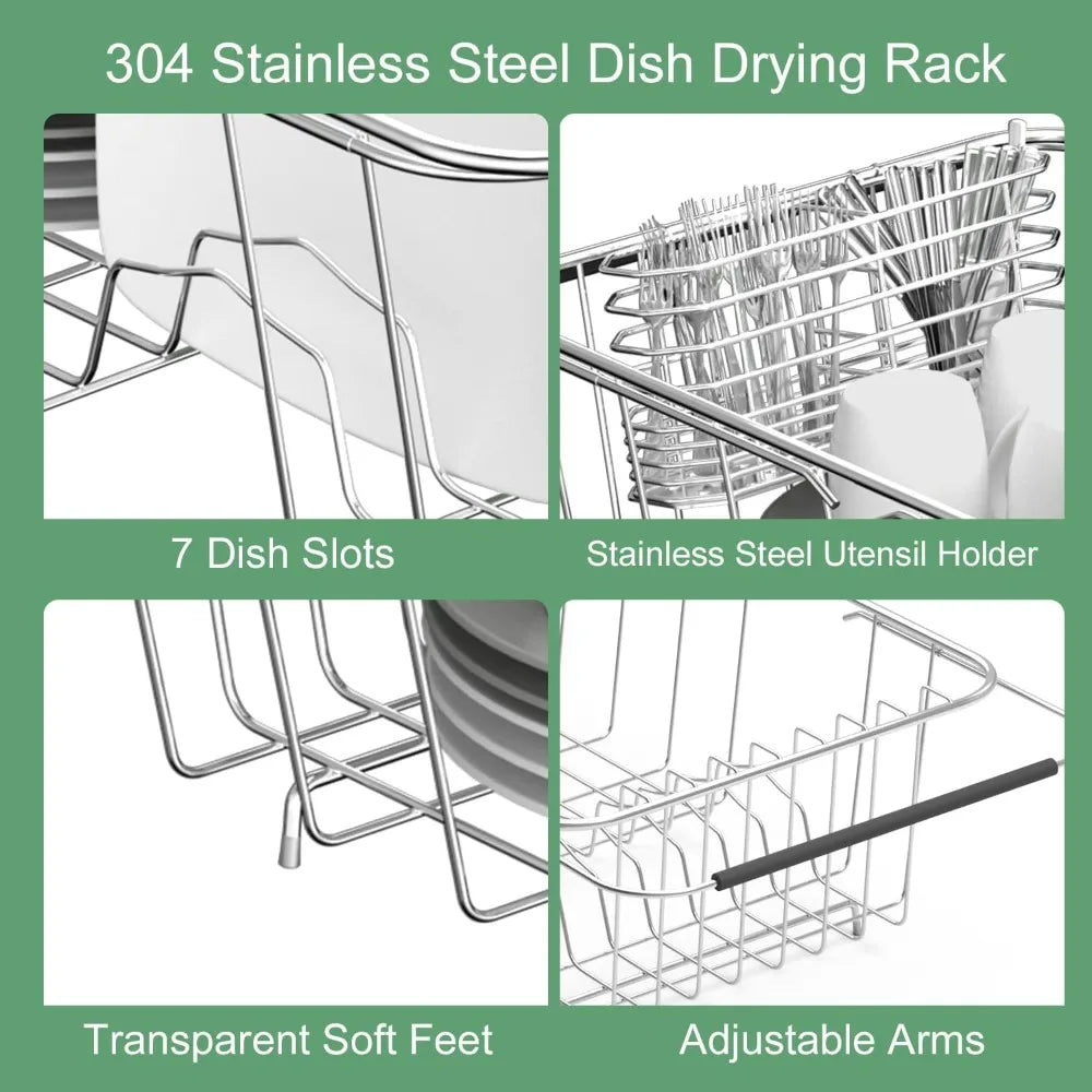 Expandable over-sink dish rack S And B Enterprise, 304 stainless steel, adjustable with utensil holder and 7 dish slots