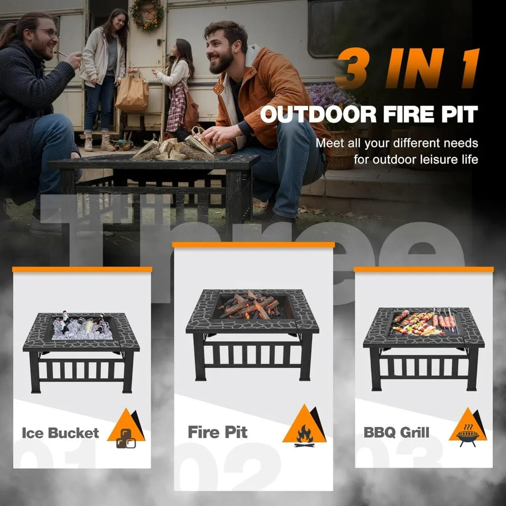 Devoko 32-inch outdoor fire pit table, metal with waterproof cover in silver
