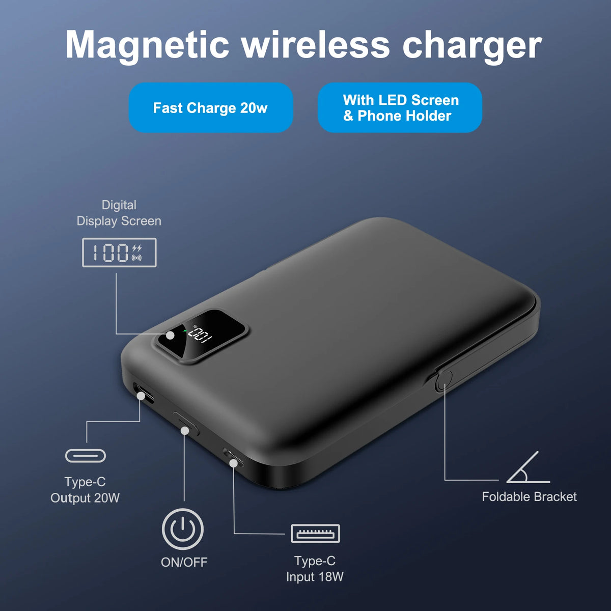 Magnetic power bank 10000mAh with LED display, dark gray wireless charger for iPhone 15/14/13/12 series