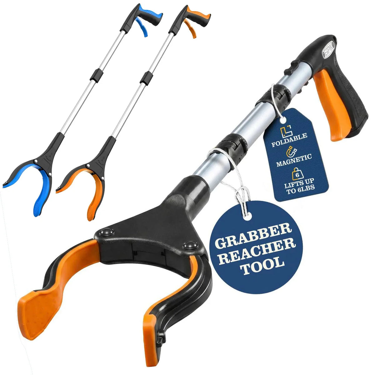 Two Grabber Reacher Tools with foldable magnetic design; blue and orange handles, by S And B Enterprise