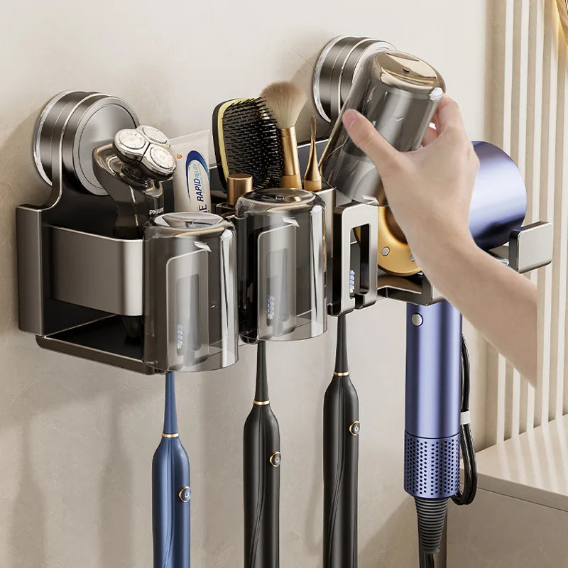 To toothbrush rack with suction cups, wall-mounted bathroom organizer with three transparent cups and razor hooks