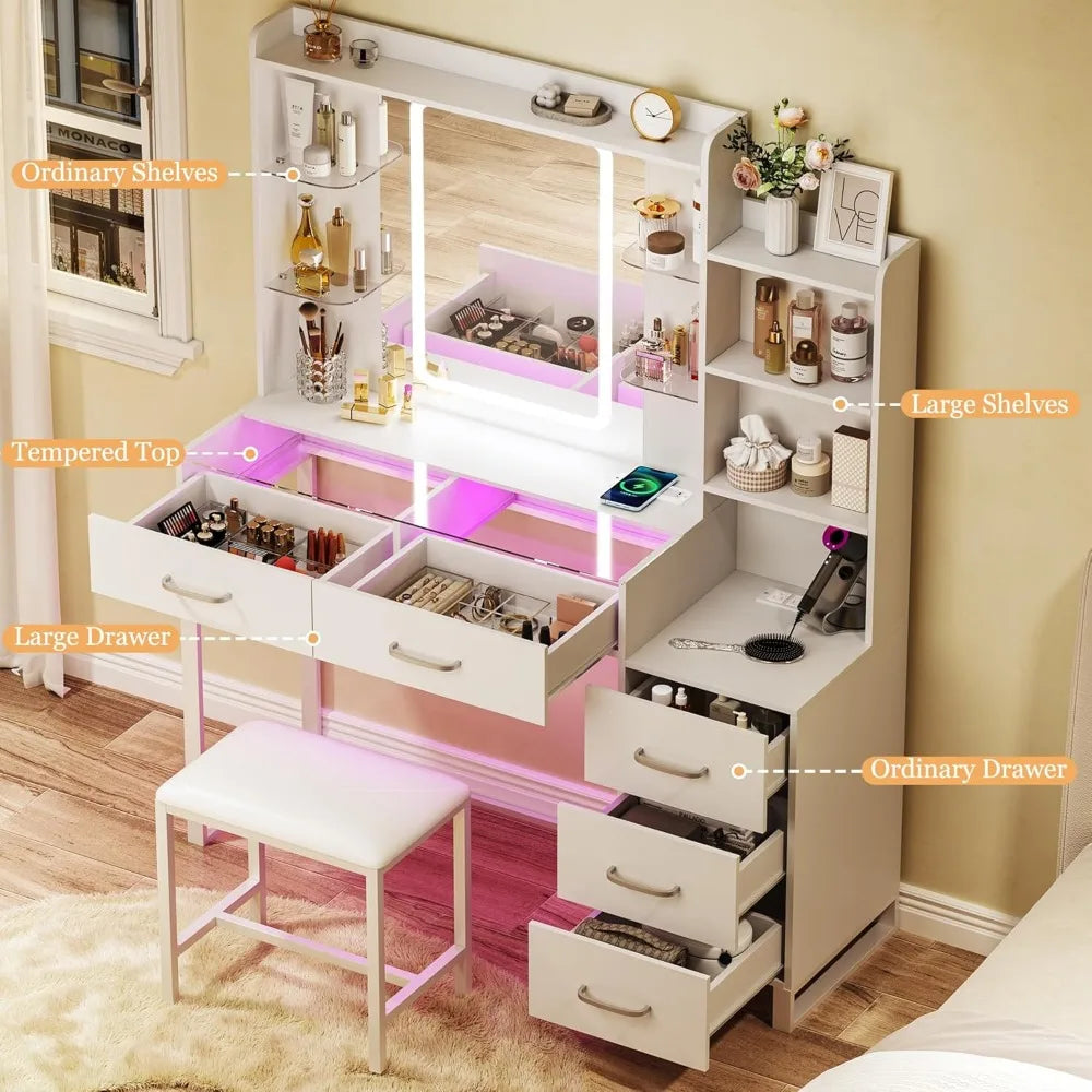Glass Top Vanity Desk With LED Mirror And Wireless Charging by S And B Enterprise