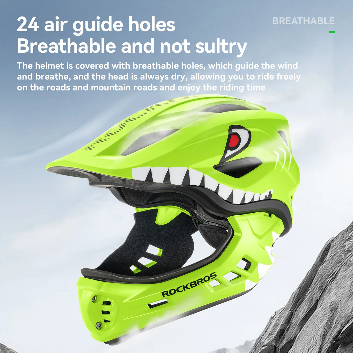 ROCKBROS child cross cycling helmet, neon green, detachable full-face with ventilated design