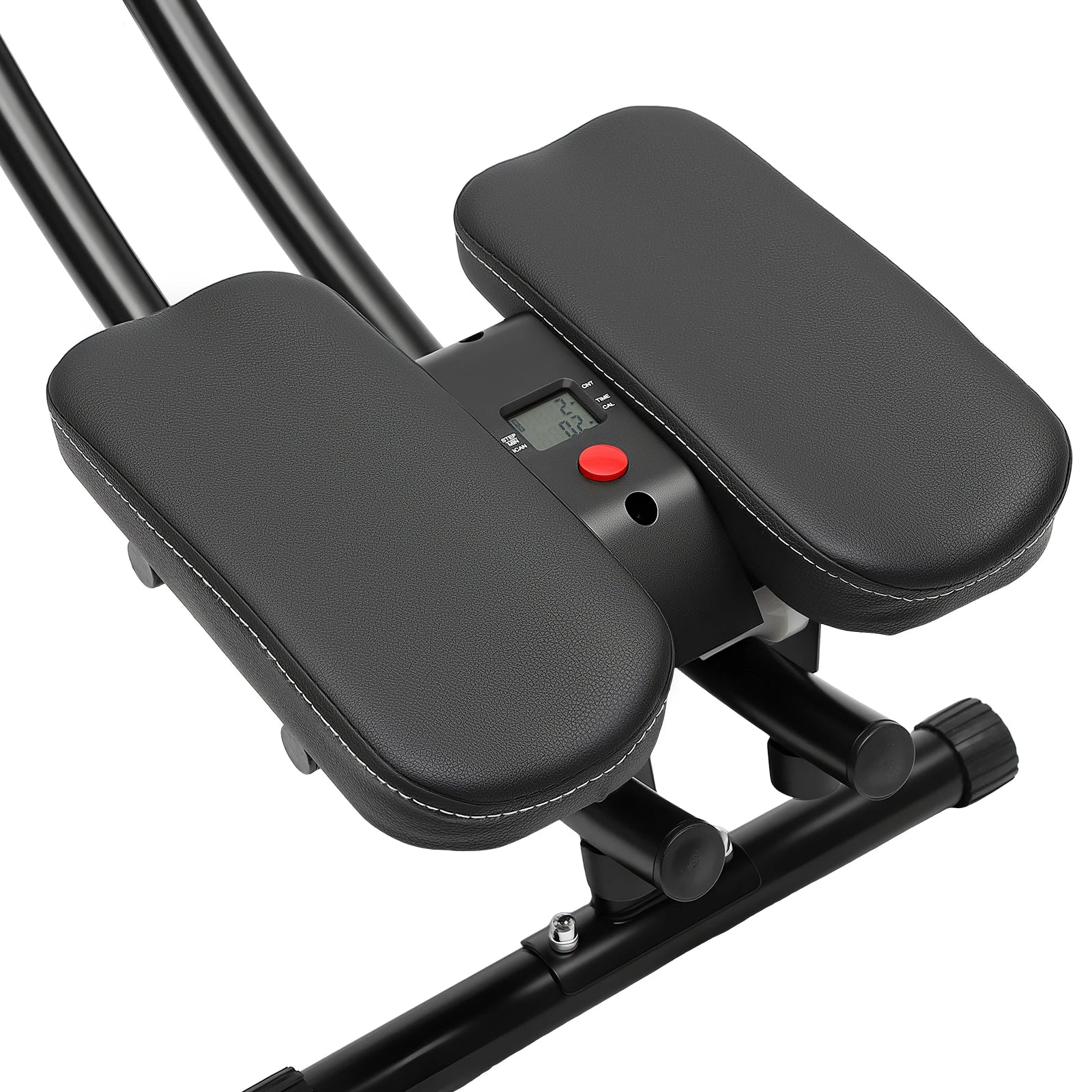 Ab machine with two padded seats, LED display, and foldable black steel frame