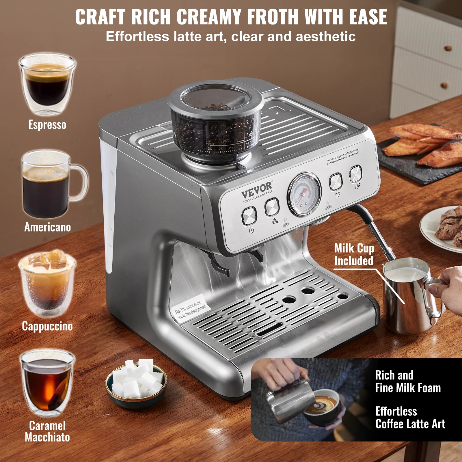 VEVOR Espresso Machine With Grinder 15 Bar Semi Automatic Coffee Maker Frother by S And B Enterprise