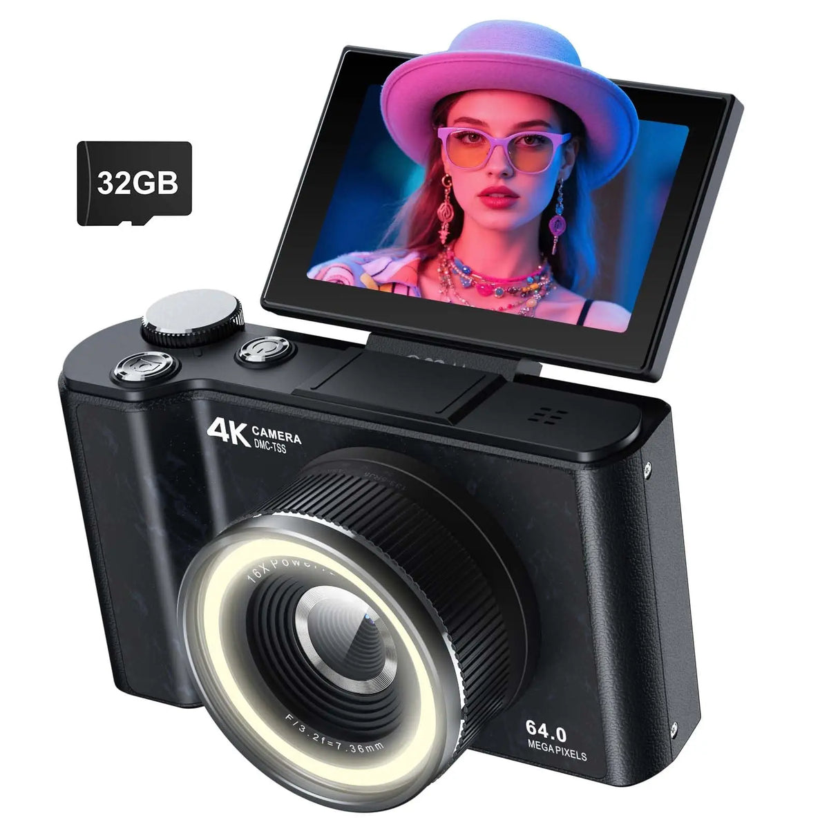 4K digital camera with ring light and 180° flip screen by S And B Enterprise, 32GB SD card included.