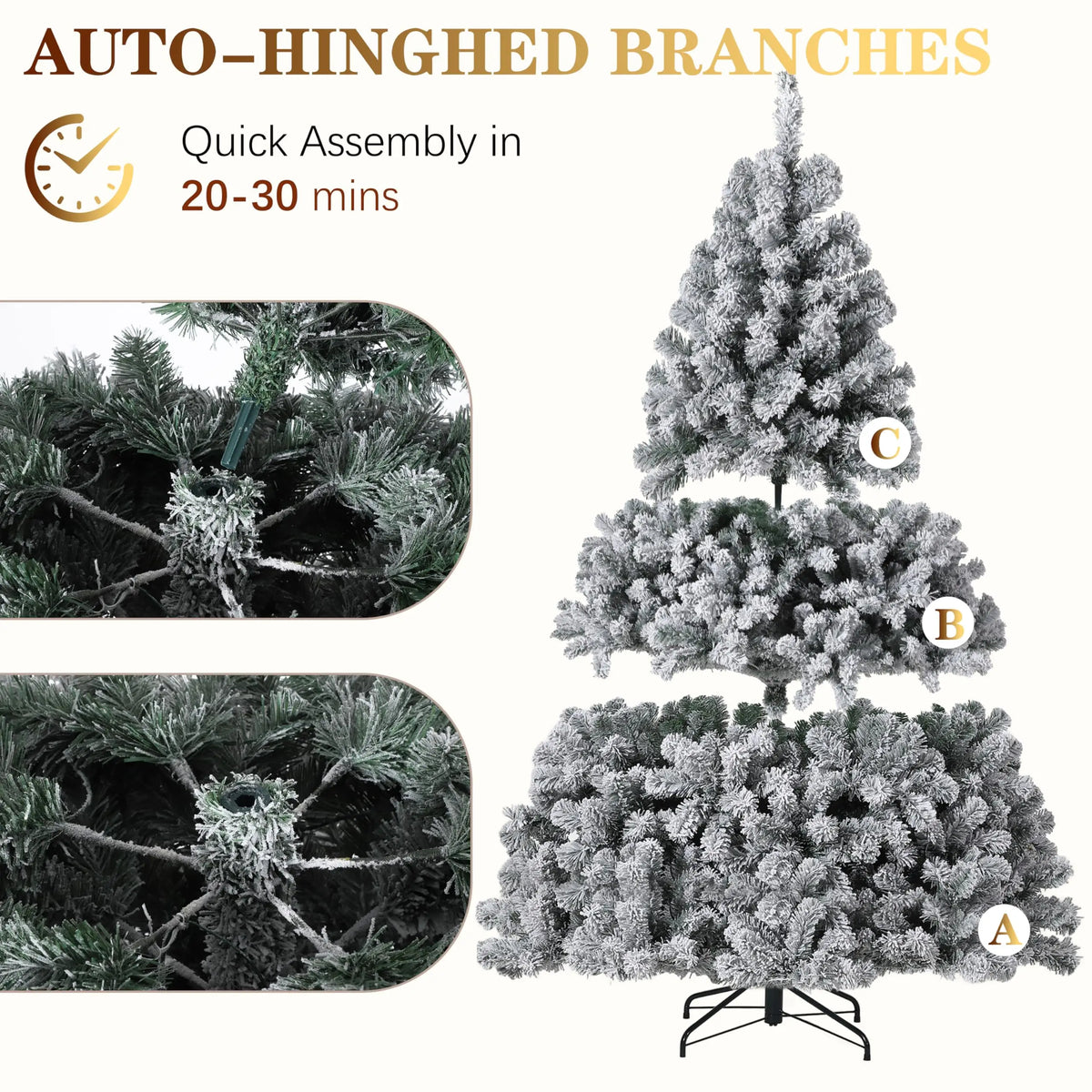6ft-7.5ft flocked Fraser Fir artificial Christmas tree with warm-white LED lights, hinged sections, metal stand.