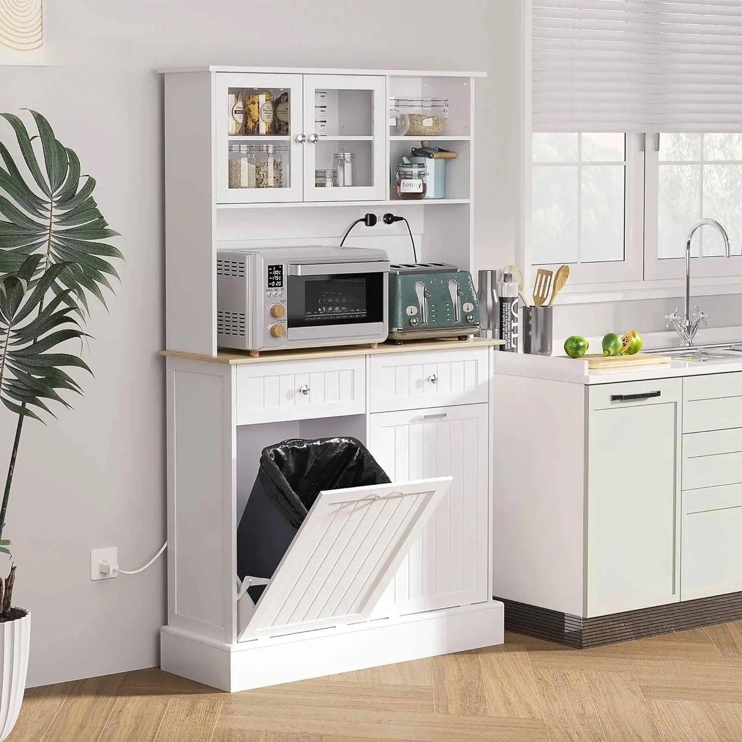 68" Kitchen Pantry Storage Cabinet with Charging Station, 2 Tilt Out 10 Gallon Trash Can Cabinets and Drawers,, Customized by S And B Enterprise