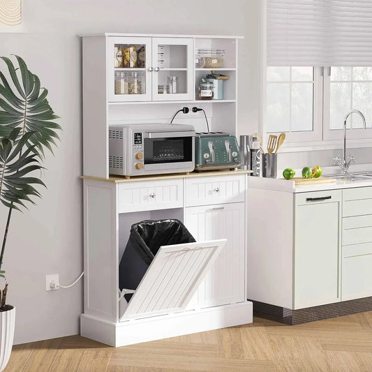 68" Kitchen Pantry Storage Cabinet with Charging Station, 2 Tilt Out 10 Gallon Trash Can Cabinets and Drawers,, Customized by S And B Enterprise