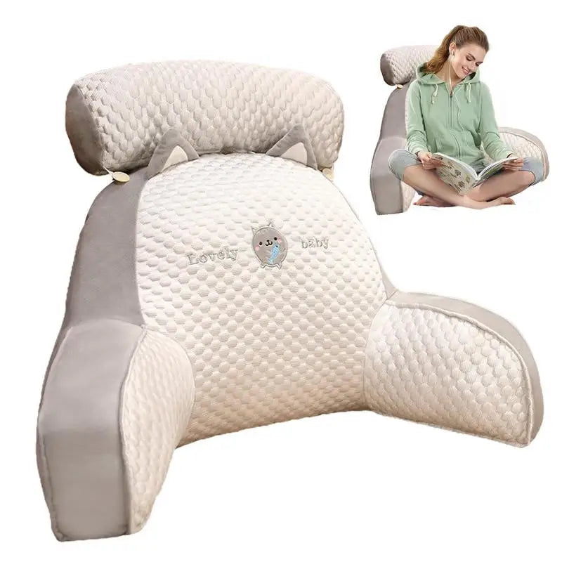 Backrest pillow with arms in beige quilted fabric, ideal for bed reading, watching TV, and laptop use.