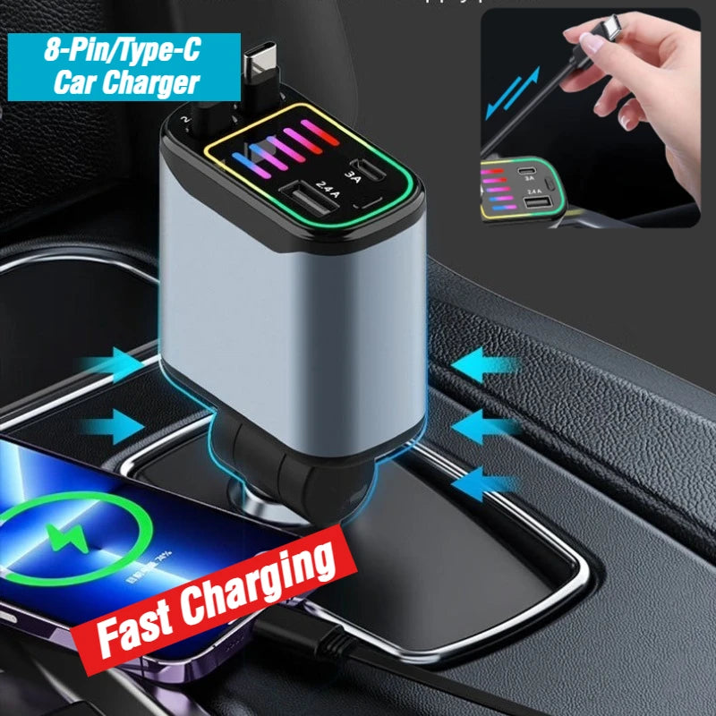 4-In-1 Retractable Car Charger With USB-C And 8-Pin Cables by S And B Enterprise