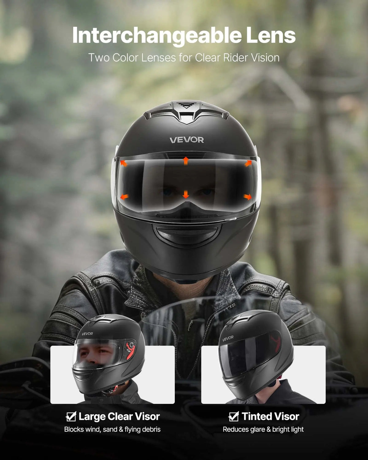 VEVOR matte black full-face motorcycle helmet with dual clear and tinted visors