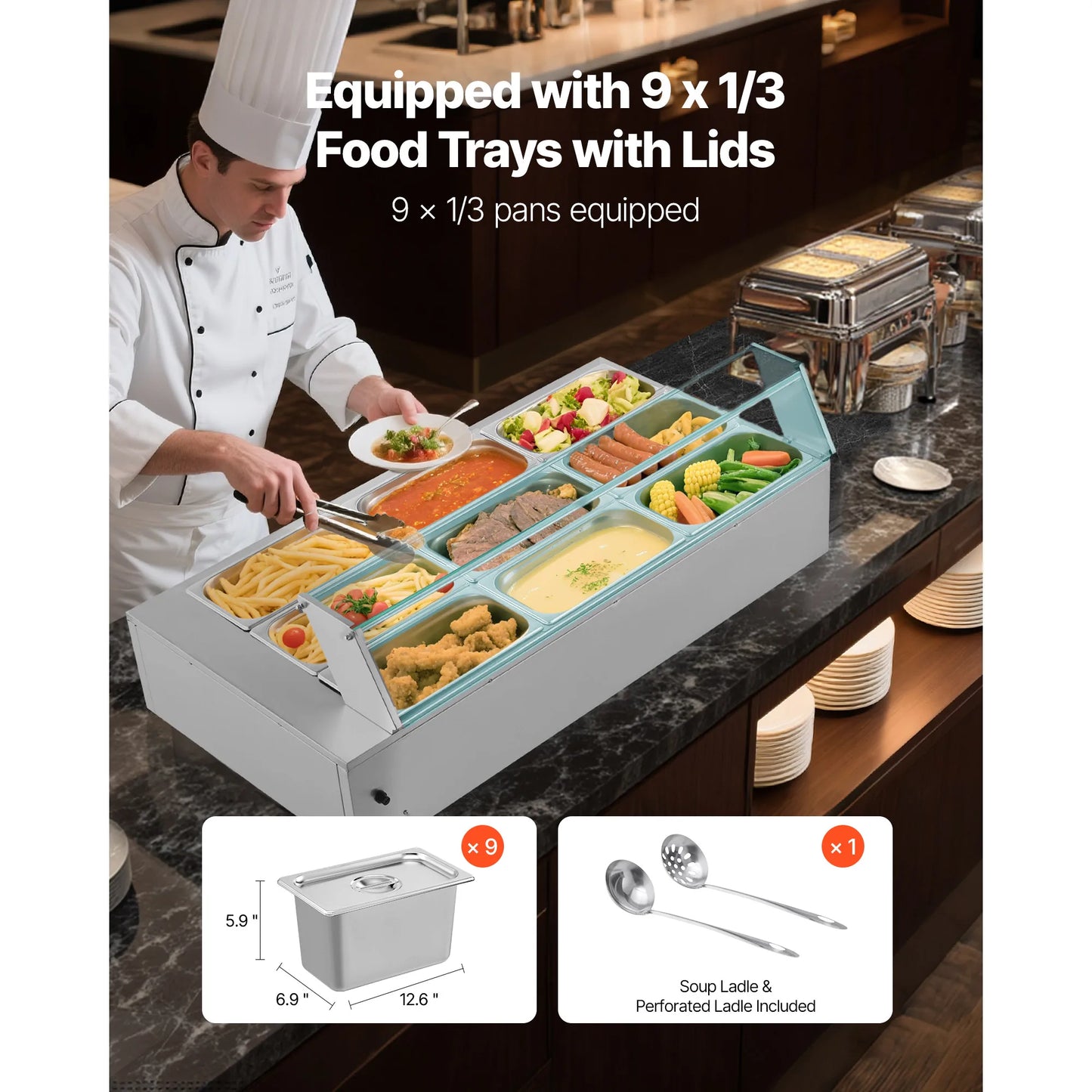 SucceBuy Commercial Food Warmer Electric Stainless Steel With Glass Cover