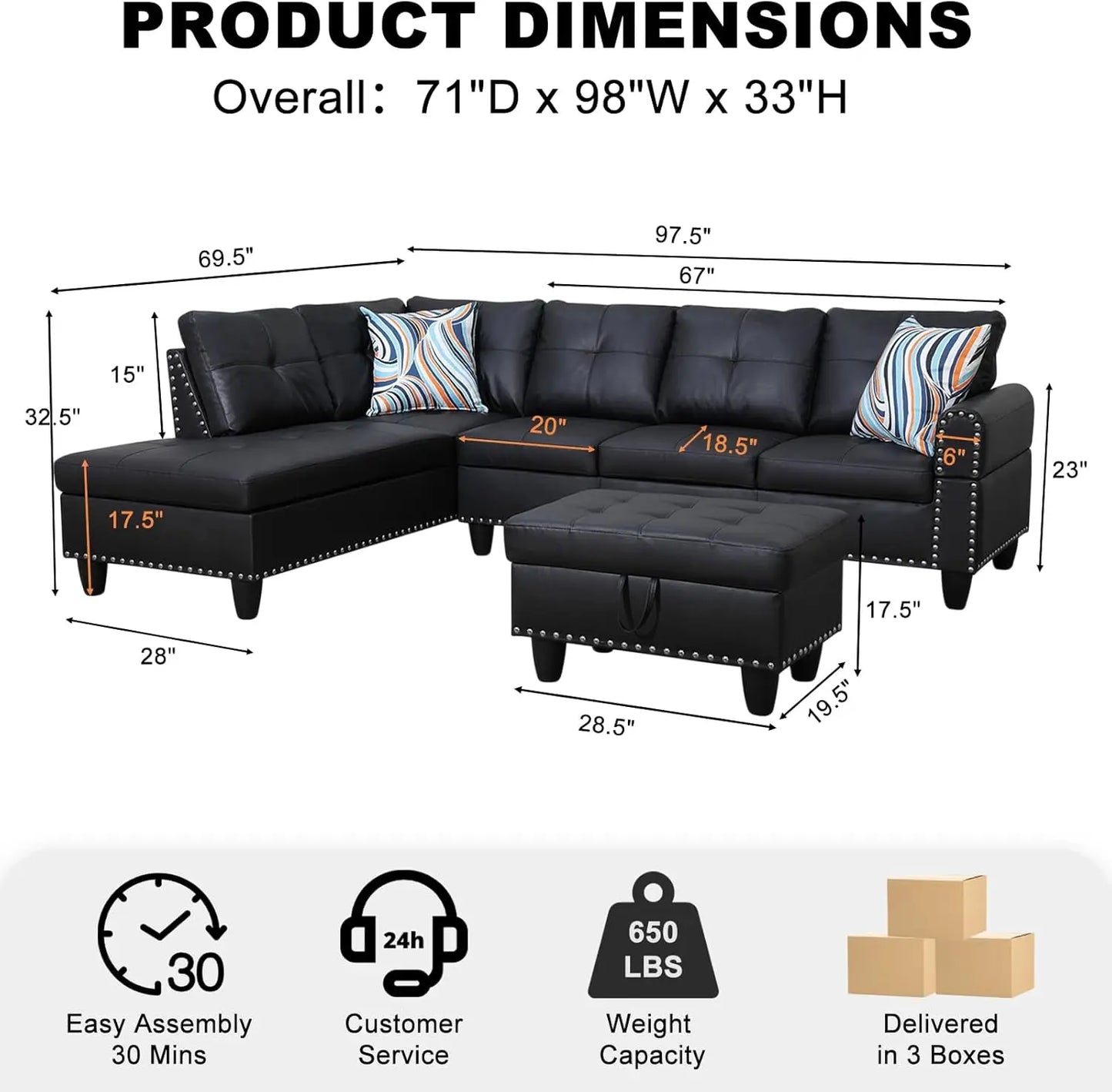 Sectional Sofa Couch Modern Living Room Furniture Set With Chaise Lounge Ottoman