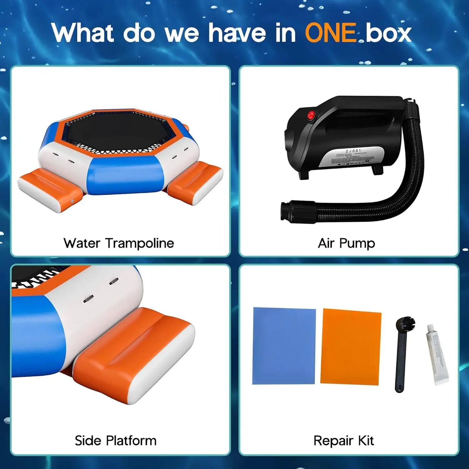 Inflatable water trampoline kit, 15ft blue/orange PVC with 3 platforms, air pump and repair kit by S And B Enterprise.