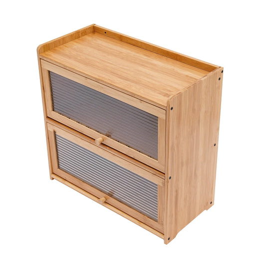 2-Tier Bamboo Kitchen Storage Cabinet With Clear Acrylic Sliding Doors