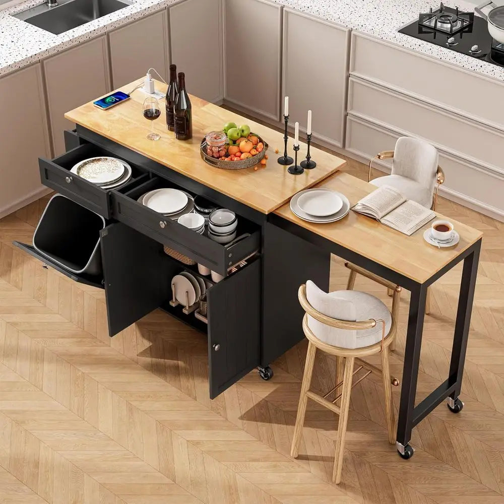 Expandable Kitchen Island With Extendable Dining Table And Storage