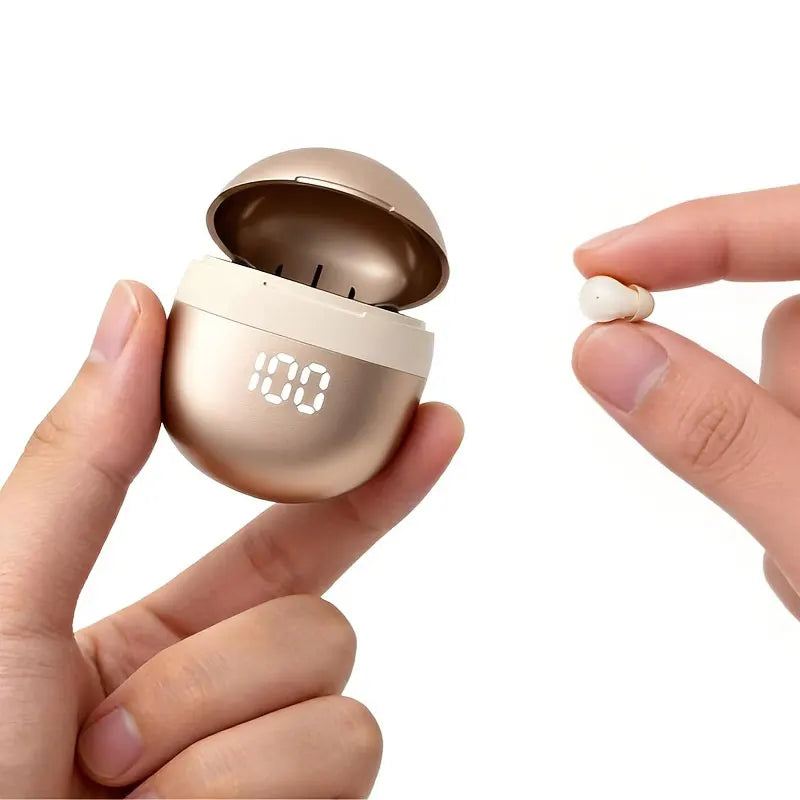 Small rose-gold wireless Bluetooth earbuds with matching charging case and LED display