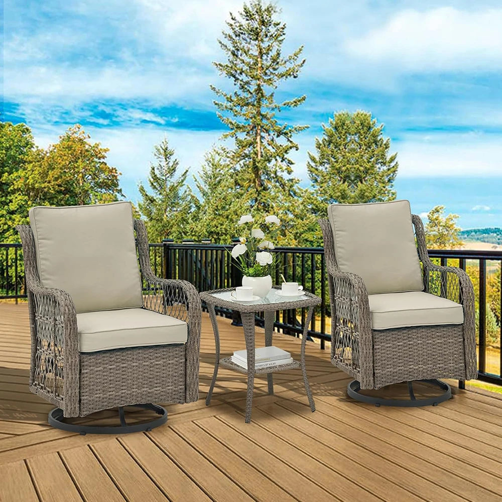 HiMISS 3-Piece Wicker Swivel Rocking Patio Set With Glass Table