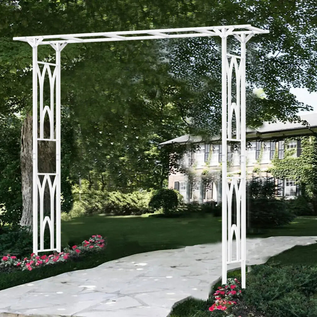 Stereoscopic white metal garden arch arbor by S And B Enterprise over a stone path in a landscaped yard