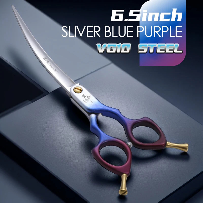 Fenice JP440C VG10 curved grooming scissors, 6.5 inches, blue–purple gradient handles with gold finger rests