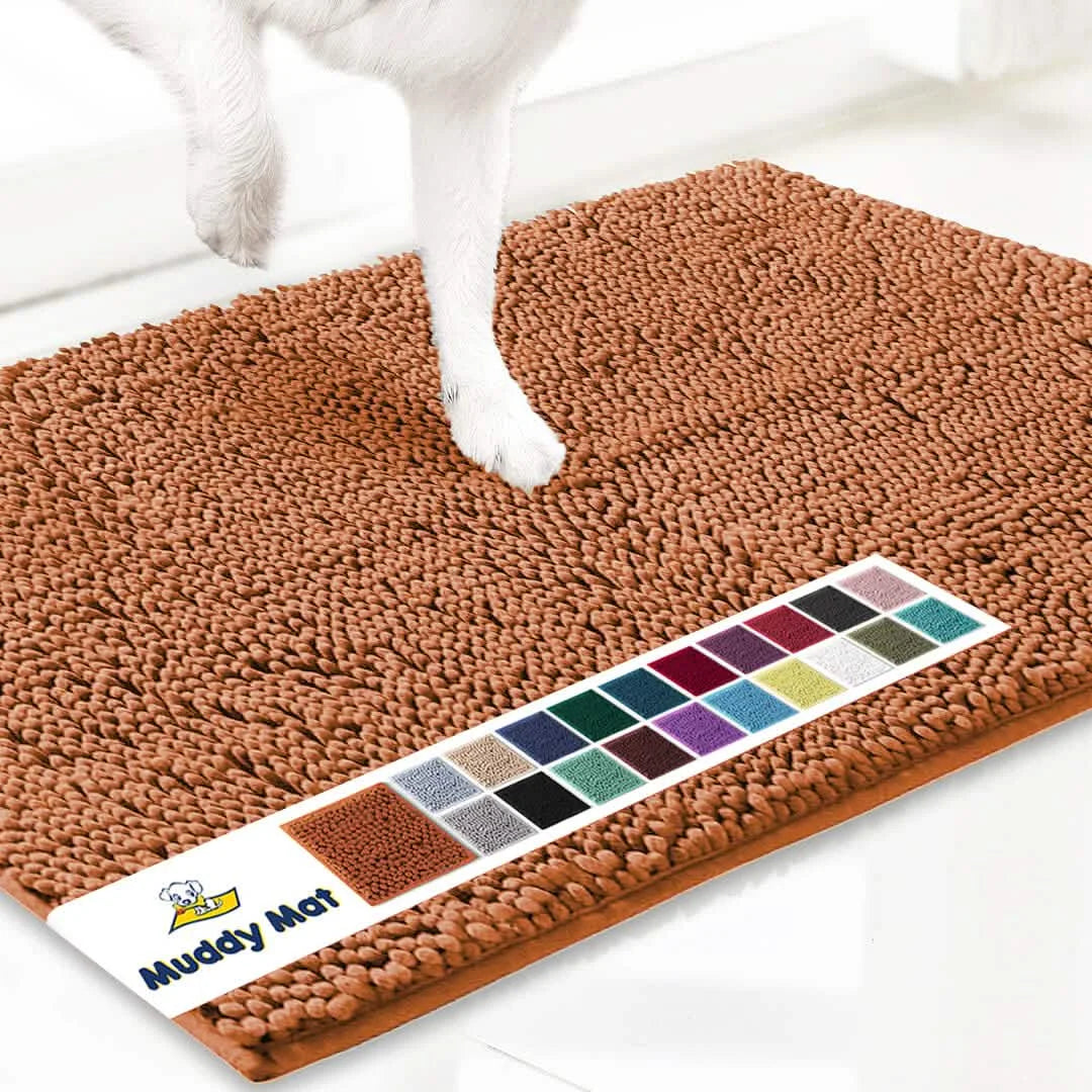 Muddy Mat doormat, brown microfiber anti-mud mat with color swatch card for paw cleaning at entryway