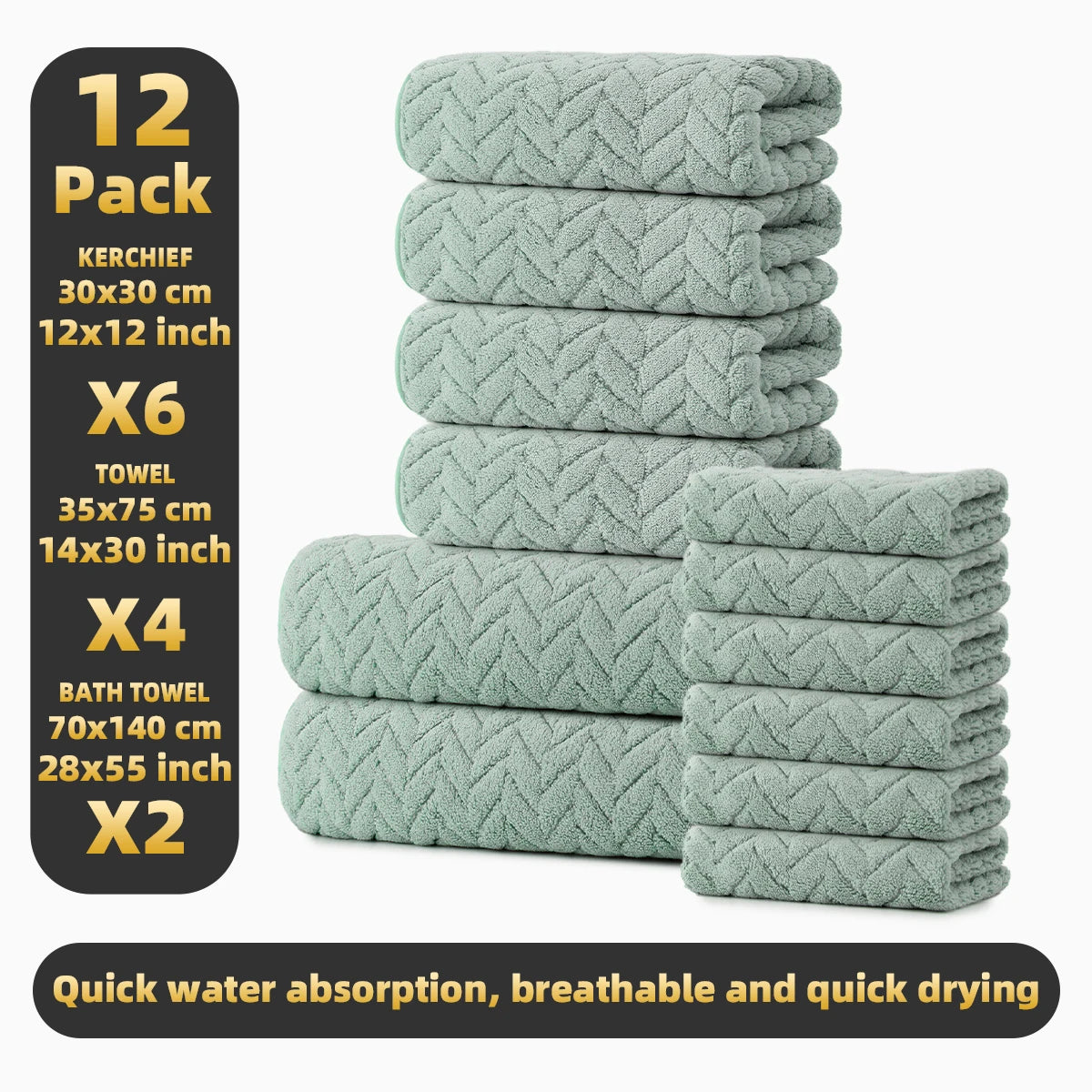 12-piece towel set by S And B Enterprise in teal with chevron knit; includes 2 bath, 4 hand, 6 face towels.