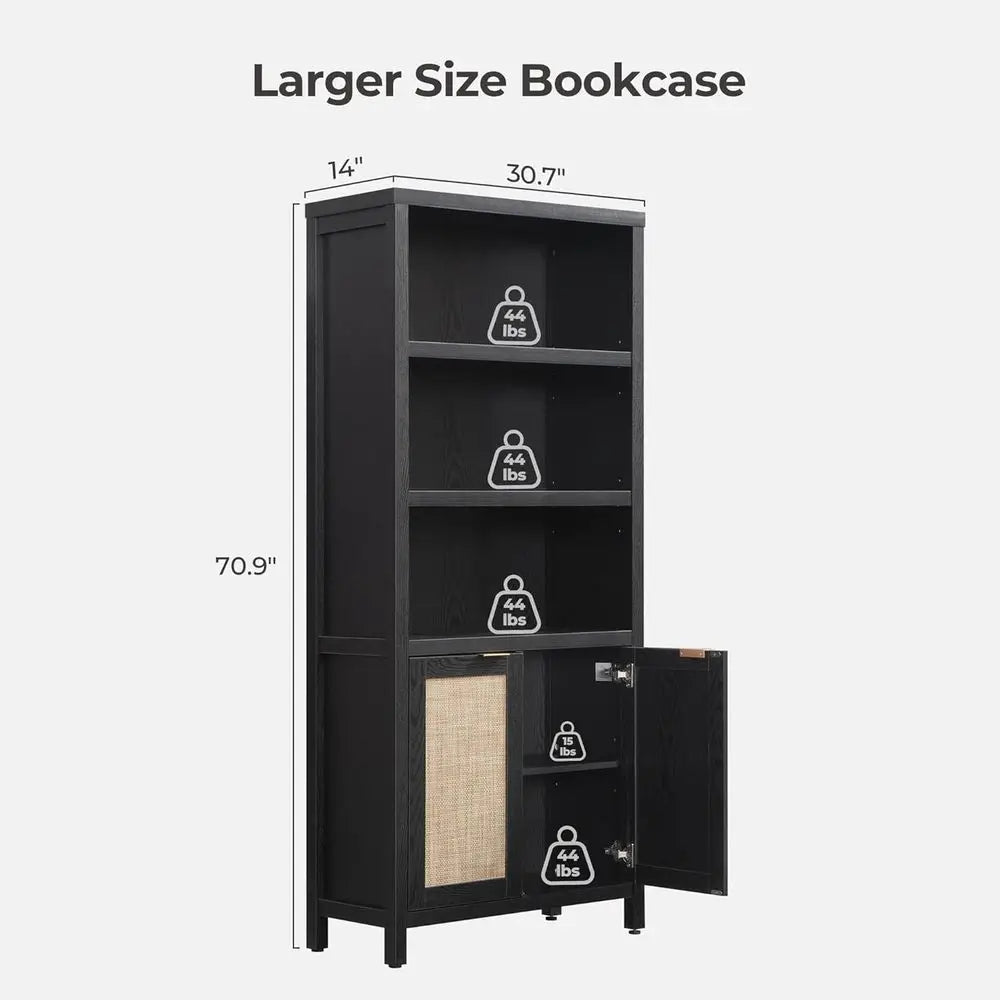 Modern Rattan Boho Bookcase With Open Wood Storage Shelf