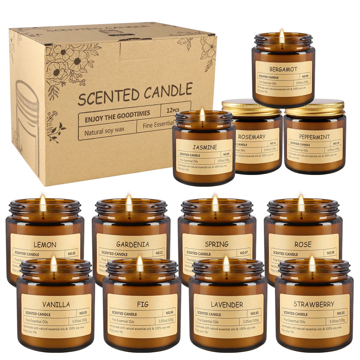 S And B Enterprise 12-pack scented candles in amber jars with beige labels; box included.