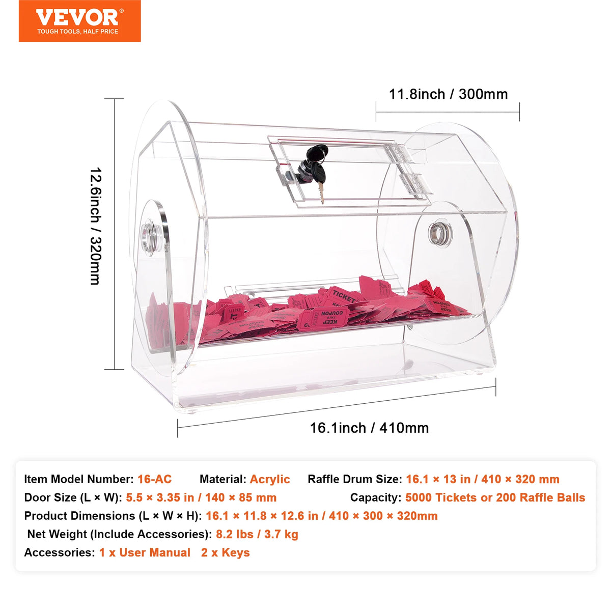 VEVOR acrylic raffle drum with brass-plated spinning cage; holds 10,000 tickets or 300 ping pong balls