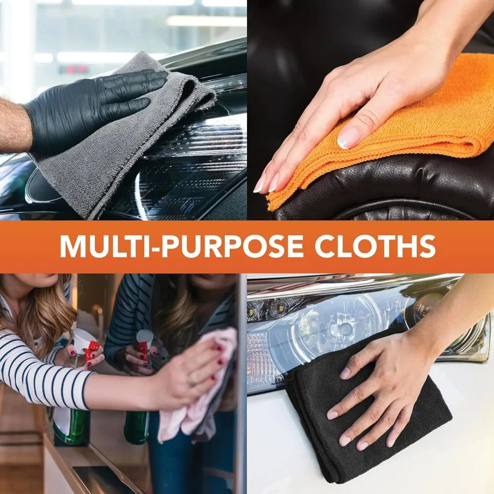 8-pack large microfiber cleaning cloths in gray, orange, and black for reusable, high-absorbency multi-surface cleaning.