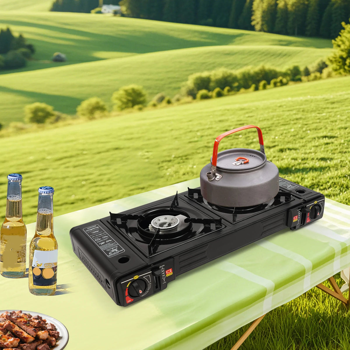 2500W portable camping stove, black two-burner unit with kettle on top outdoors