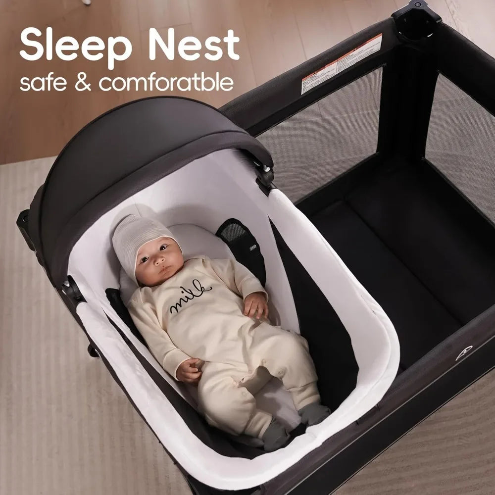 4-in-1 baby playpen with bassinet; black frame, white interior and breathable mesh sides