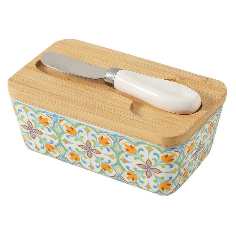 350ML Rural Style Ceramic Butter Box with Knife and Cover, American Household Cross-border Cheese Kitchen Storage Box by S And B Enterprise