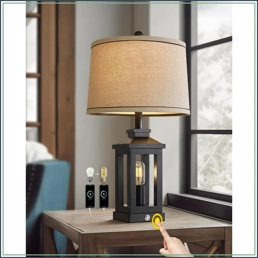 23.75" Retro Farmhouse Black Table Lamp with Touch Control, USB C+A Ports, 2 Light Sources for Bedroom Living Room by S And B Enterprise