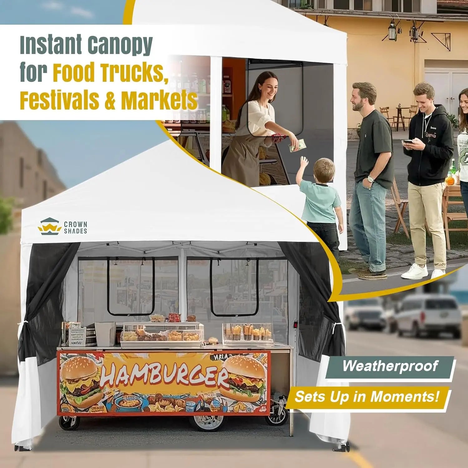 Pop Up Canopy Tent with 4 mosquito netting, white 400D frame; Crown Shades logo visible.